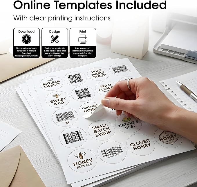 2" Printable Round Labels for Laser and Inkjet Printers - 600 Blank Labels, 30 Sheets for Thank You Stickers, Price Tags, QR Codes, Business Logos - Spartan Industrial Template C004