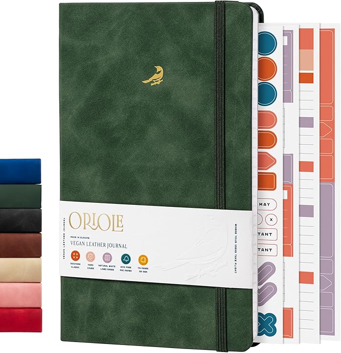 Oriole Vegan Leather Ruled Notebook - Racing Green | 176 Pages of Thick Lined Paper | Soft Touch Hardcover Journal (5 x 8 in) with Gold Foil Bird Design & Luxury Gift Box