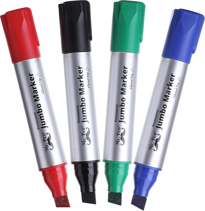 Mr. Pen- Jumbo Permanent Markers, 4 Pack, Assorted Color, Chisel Tip | Wide Tip, Large, Thick Permanent Markers for Canvas, Posters Board, Fabric, Window, Glass, Wood, Waterproof, Quick Dry