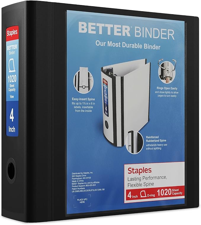 Staples Better Binder, 4-Inch Heavy‑Duty 3‑Ring View Binder, Extra‑Large Capacity D‑Ring, Black, Reinforced Spine, Holds 800+ Sheets, 2‑Pack