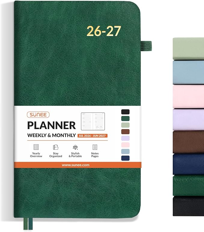 SUNEE 2026-2027 Pocket Weekly Planner for Purse 3.5" x 6" - 12 Month (July 2026 - June 2027) Academic Year Calendar, Pocket Size Planner, Hardcover, Note, 100 GSM Paper, Deep Green