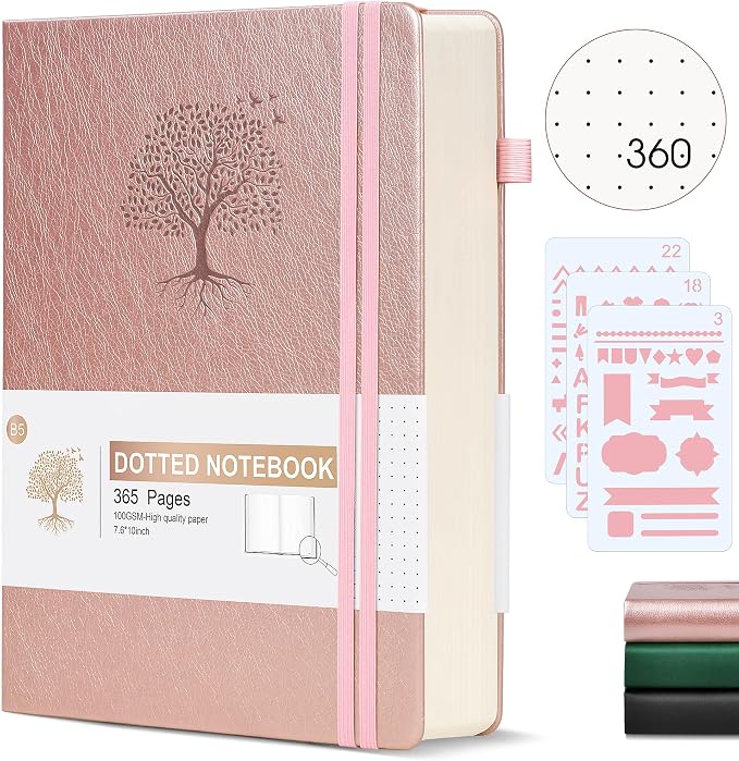 Ansopu Dotted Journal Notebook, 360 Numbered Pages Bullet Dot Grid Journals, 100gsm Dot Paper Thick Hardcover Leather Journal for Writing Women Men, B5 Big Dotted Grid Notebooks 7.6'' X 10'' Pink