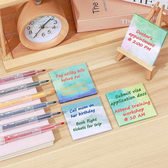BAYTORY 200 Sheets Transparent Sticky Notes, Glitter Clear Sticky Note | 6Pcs Double-ended Colored Marker Pen, 3 x 3 Waterproof Self-Stick Notes, Easy to Post for Note Taking (Morandi)