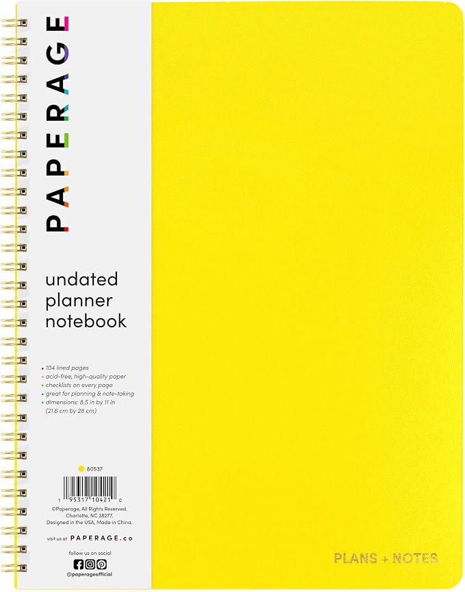 PAPERAGE Undated Daily Planner & To Do List Notepad (Yellow), 8.5 in x 11 in, Spiral Bound Planner Notebook for Work, School or Home, 104 Lined Pages With Date Tracker for Plans & Notes