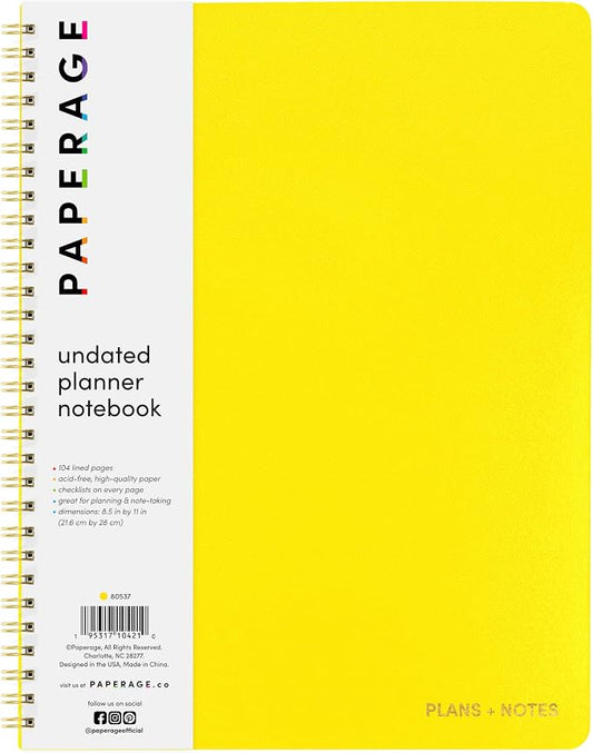 PAPERAGE Undated Daily Planner & To Do List Notepad (Yellow), 8.5 in x 11 in, Spiral Bound Planner Notebook for Work, School or Home, 104 Lined Pages With Date Tracker for Plans & Notes