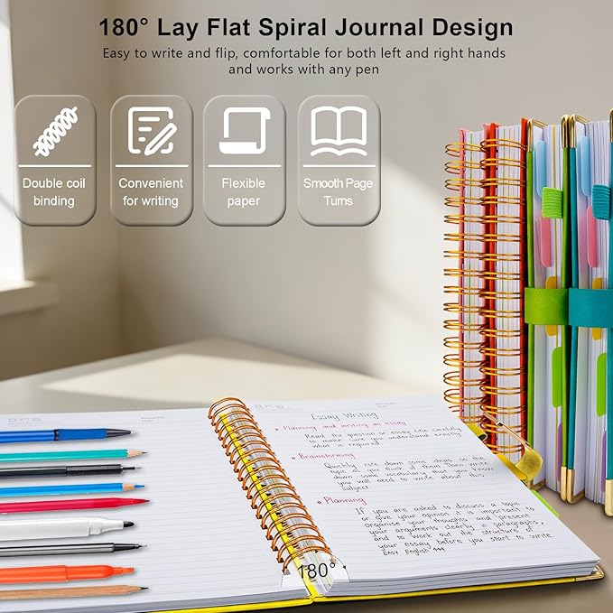 Hardcover Spiral Notebook College Ruled, 8.5"x11" Leather Journal Notebook with Magnetic Closure, 300 Pages 5 Subject Notebook with Dividers Tabs Journal for Women Men, Work, School(Yellow)