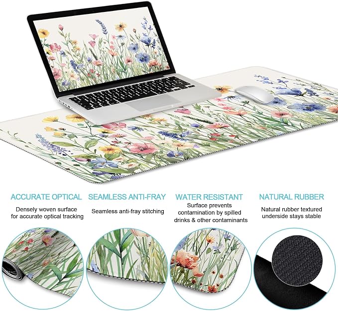 LIMKRIAN Flower Mouse Pad Set Floral Large Desk Matt for Desktop | Ergonomic Mouse Pad with Wrist Rest, Computer Gaming Wrist Support Keyboard Mat, Coaster, Cute Office Desk Decor Accessories