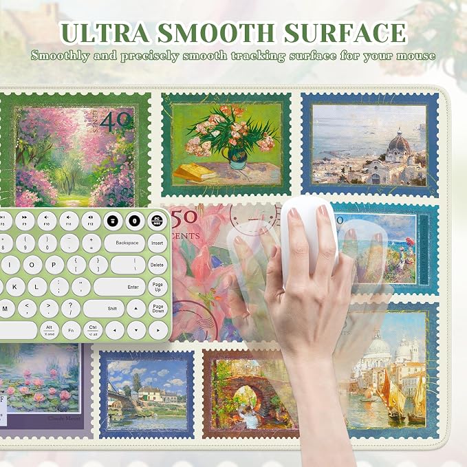 iCasso Vintage Art Desk Protector Mat, XXL Mouse Pad,Desk Matt for Desktop, Anti-Slip Big Mousepad with Stitched Edges for Aesthetic Office Decor(Sage Green)