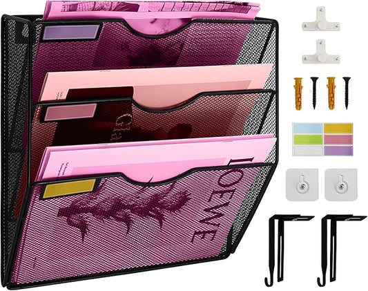 3 Pockets Mesh Wall File Holder Organizer Office Hanging File Folder Magazine Rack, Nametag Label Hooks Set Included (Black)