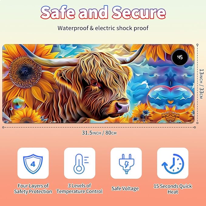 Heated Desk Pad Large Mouse Pad 31.5 x 13 inch with 3 Levels Heating & Auto Shut-Off Warm Mouse pad PU Leather Computer Mousepad for Home Office Work - Sunflower Cow