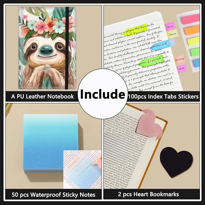 A5 Leather Lined Journal Notebook, 200 Pages Hardcover Executive Notebook for Men Women Office School Note Taking, Thick Writing Paper Daily Journal with Bookmarks/Indexes,Watercolor Sloth