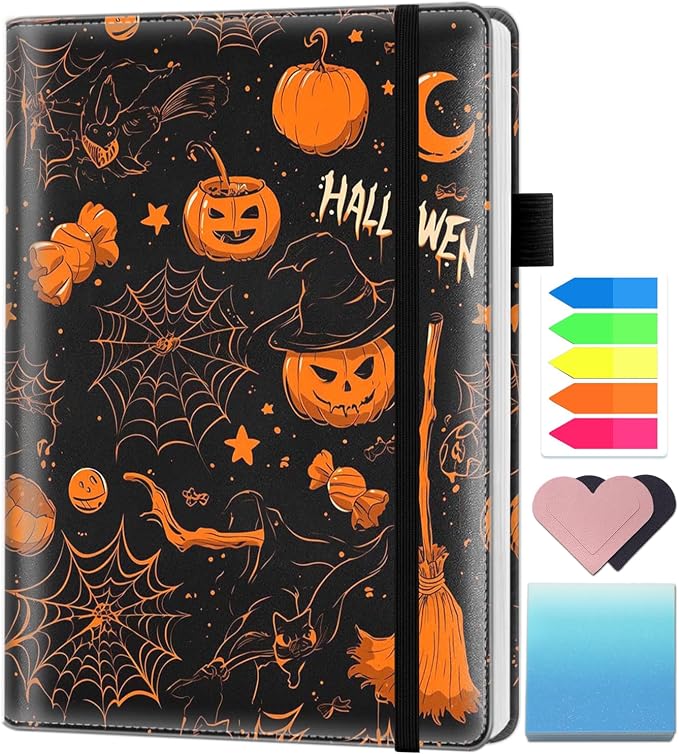 A5 Leather Lined Journal Notebook, 200 Pages Hardcover Executive Notebook for Men Women Office School Note Taking, Thick Writing Paper Daily Journal with Bookmarks/Indexes, Halloween Pumpkin