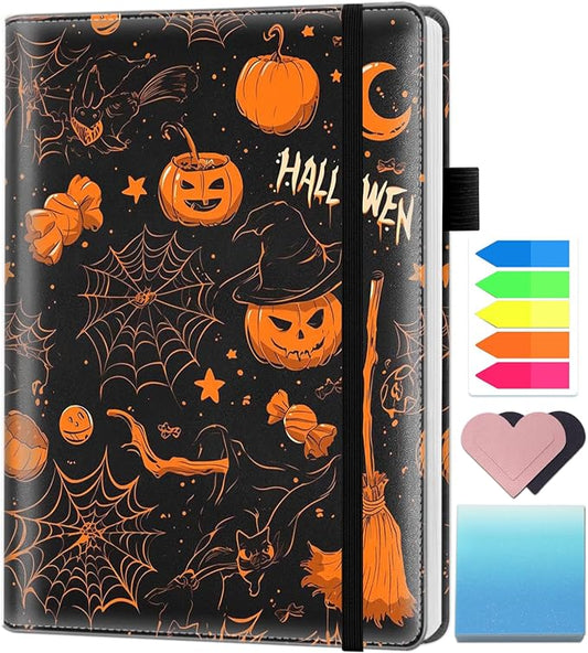 A5 Leather Lined Journal Notebook, 200 Pages Hardcover Executive Notebook for Men Women Office School Note Taking, Thick Writing Paper Daily Journal with Bookmarks/Indexes, Halloween Pumpkin