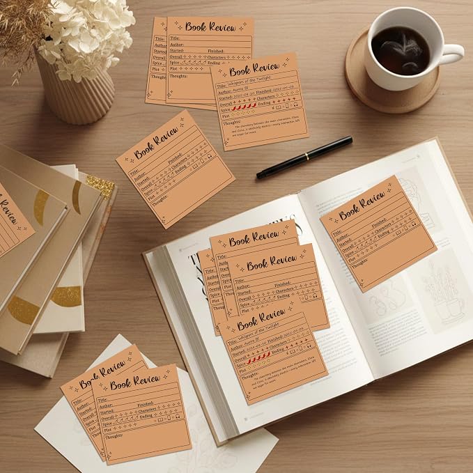 L1rabe Book Review Mini Sticky Notes - 6PCS Kraft Paper Self-Stick Notepads | Back to School Book Rating Stickers for Students, 300 Sheets Reading Tracker Log Stickers, Readers Lovers Bookworm Supplies