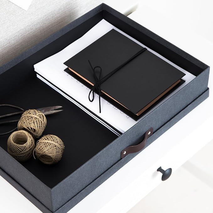 Bigso Sverker Fiberboard Legal/Art Storage Box - Scrapbook Storage Box for Papers, Photos, and More - Durable Keepsake Boxes with Lid and Leather Handle - 3.3in x 17.1in x 12.2in - Black
