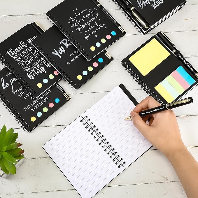 Chiisong 10 Sets Back to School Gifts Bulk Inspirational Spiral Notebook and Pen with Sticky Note Thank You Affirmation Gift for Teacher Nurse Coworker Employee Staff (Classic Black)