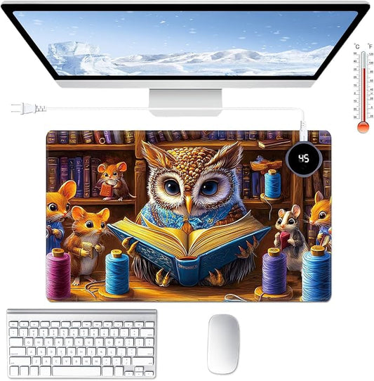 Heated Desk Pad Large Mouse Pad 23.6 x 14.1 inch with 3 Levels Heating & Auto Shut-Off Warm Mouse pad PU Leather Computer Mousepad for Home Office Work - Owl Book