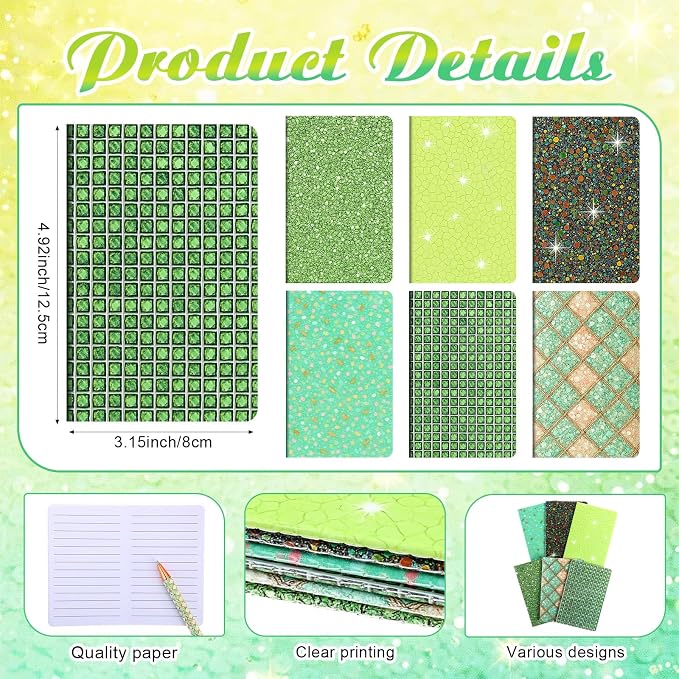 12 Set Cute Mini Notebook and Fancy Pen Gift Set for Women 6 Mini Glitter Pocket Notepad 6 Cute Sparkly Glitter Pen for Girl Office First Day of School Mother's Day Christmas Graduation(Green)