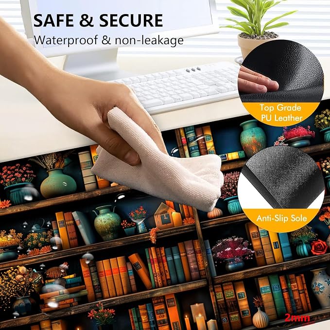 Heated Mouse Pad with 3 Levels Heated & 3 Hours Auto Shut-Off Mouse Pad for Warming Hands in Office Home, 23.6" x 14.2"Large Safe Desk Mat Hand Warmer，Vintage Colorful Bookshelf