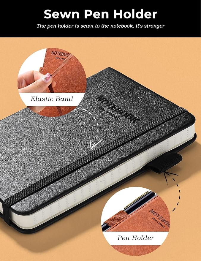 AISBUGUR Pocket Notebook Small Notebook 2-Pack, 3.7" x 5.7" Pocket Notebooks Hardcover with Thick Lined Paper, Inner Pockets, Cover Letter Embossing Design Mini Journal Notepad Black+Brown