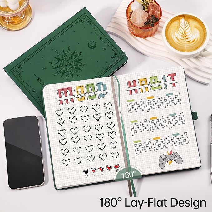 EMSHOI Graph Grid Journal Notebook, 192 Pages, A5 Size (5.7'' x 8.3'') | Leather Hardcover, 100 GSM Thick Paper, for School, Note Taking, Math, Engineering, Sun Debossed (Dark Green)