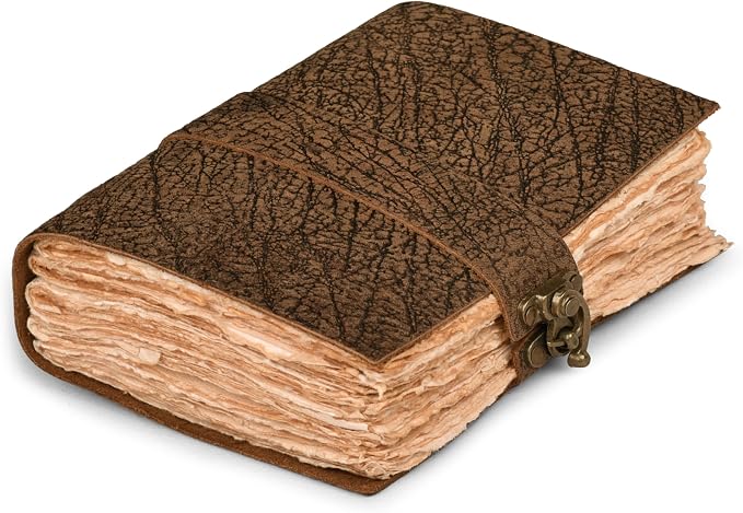 LEATHER VILLAGE Leather Bound Vintage Journal for Women & Men - Book of Shadows - Lock Closure - 200 Pages of Antique Deckle Edges Handmade Watercolor Paper - Distressed Brown - 13X8 inches