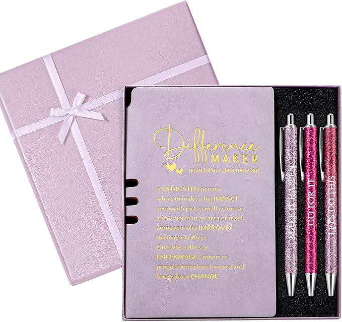 Thenshop 5 Pcs Difference Maker Gifts Journal with Pen Leather Notebook 3 Ballpoint Pens Box Thank You Gift for Nurse Boss Employee Coworker Teacher Volunteer Social Worker Assistant(Purple)