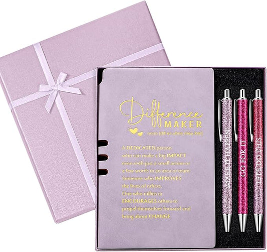 Thenshop 5 Pcs Difference Maker Gifts Journal with Pen Leather Notebook 3 Ballpoint Pens Box Thank You Gift for Nurse Boss Employee Coworker Teacher Volunteer Social Worker Assistant(Purple)