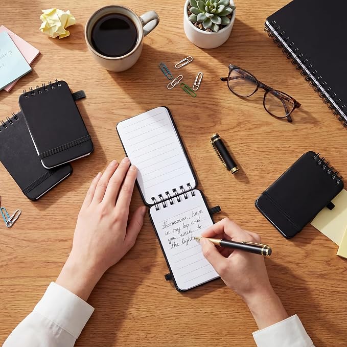 Qeeenar 4 Pack Small Pocket Notebook 2.5 x 4 Inch, Black Leather Hardcover Top Spiral Mini Notepad with Elastic Band,50 Sheets Tiny Memo Pad for Office Car Travel Work Quick Writing