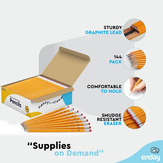 Enday #2 Pencils Bulk - 144 Pack - Pre-sharpened pencils #2 Wood-Cased Yellow Sharpened Pencils for Kids with Latex-Free Eraser Top for Office and Classroom Supplies.