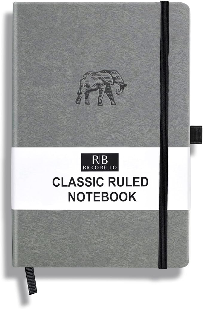 RICCO BELLO Lined Journal Notebook, Faux Leather Hardcover, Elephant | With Pen Holder, College Ruled, 96 Sheets / 192 Pages, 5.7 x 8.4 Inches, For Work & Notes