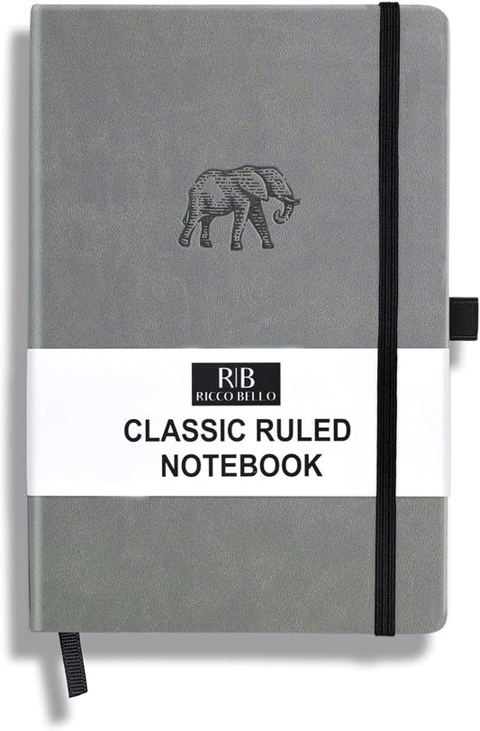 RICCO BELLO Lined Journal Notebook, Faux Leather Hardcover, Elephant | With Pen Holder, College Ruled, 96 Sheets / 192 Pages, 5.7 x 8.4 Inches, For Work & Notes