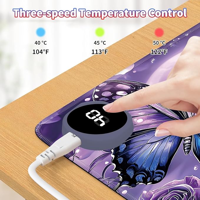 Heated Desk Pad Large Mouse Pad 23.6 x 14.1 inch with 3 Levels Heating & Auto Shut-Off Warm Mouse pad PU Leather Computer Mousepad for Home Office Work - Purple Rose and Butterflies
