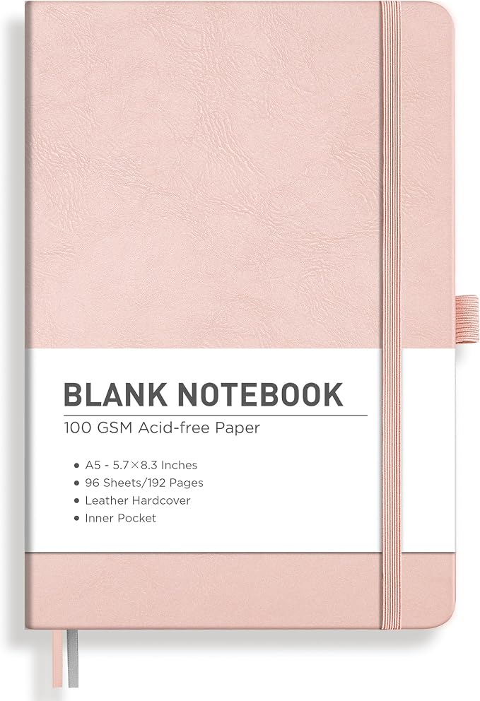 RETTACY Blank Journal Notebook, 192 Pages, A5 Medium Size (5.7'' x 8.3'') | Leather Hardcover, 100 GSM Thick Paper, for Sketching, Drawing, Painting (Rose gold)