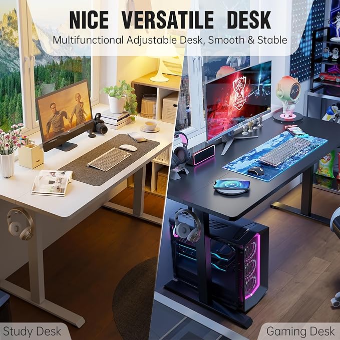 Veken 63×23.6 Inch Large Electric Standing Desk, Gaming Table, White | Height Adjustable Sit Stand Up Computer Tables for Home Office, Study , Writing, Suit students, employees and group work