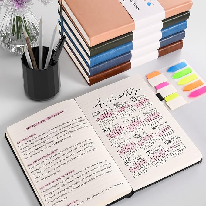 5 Pack College Ruled Notebook Bulk, A5, 312 Numbered Page Thick Journal Set | Cost-Effective 5 Pack 1600 Pages Total, 100gsm No Bleed Paper, Leather Hardcover, Lay-Flat, for Writing, Work, Employee Gifts