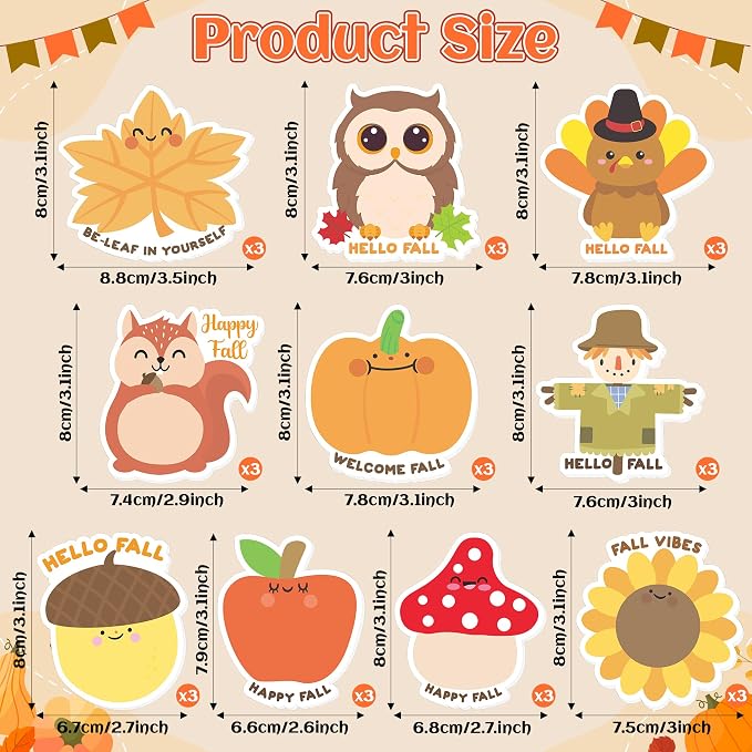 Xqumoi 30 Pack Welcome Fall Sticky Notes - Total 600 Sheets - Thanksgiving Turkey Pumpkin Scarecrow Self Sticky Writing Memo Pads for Autumn Party Favors Office School Supplies Goodies Bag Filler