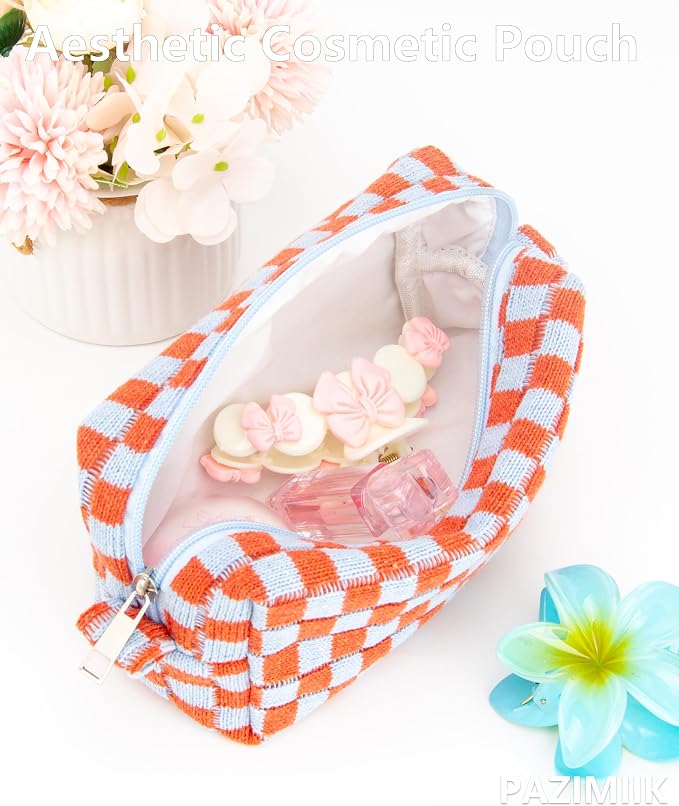 Checkered Makeup Bag for Purse, Small Travel Cosmetic Pouch,Orange Blue | Cute Zipper Makeup Organizer for Women, Travel Essentials, Toiletries, Makeup Brushes, Beauty Accessories&Bridesmaid Gifts