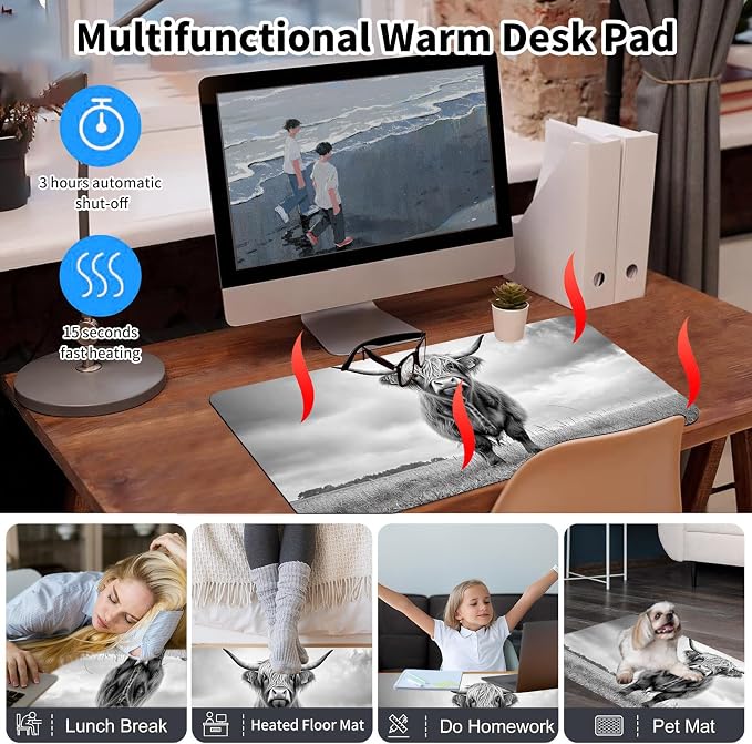 Heated Desk Pad Mouse Pad,Heated Desk Mat,with 3 Heating Levels & 3 Hours Auto Shut-Off,Leather 23.6"*14.2" Gaming Mouse Laptop Mat,Foot Warmer,Cute Highland Cow Black