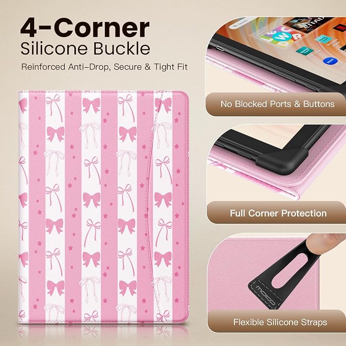 MoKo for Universal 11 inch Android Tablet Case with Pen Holder, Pink Bow | Fits All 9.6-11 inch Tablets, Slim 360 Degree Rotating Cover, Multi-Angle Stand, Front Pocket, No fit iPad/NO back opening
