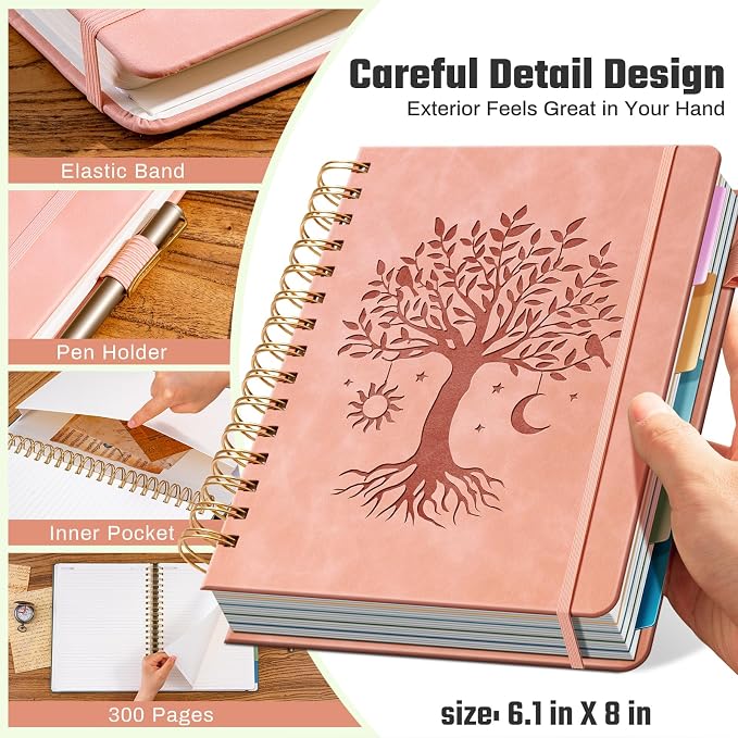 Ovesmusl Hardcover Spiral Notebook 6.1" x 8.4" with 5 Removable Dividers 300 Pages Leather 5 Subject Notebook College Ruled 100GSM Large Spiral Notebooks for Work Thick Lined Journal for Women, Pink
