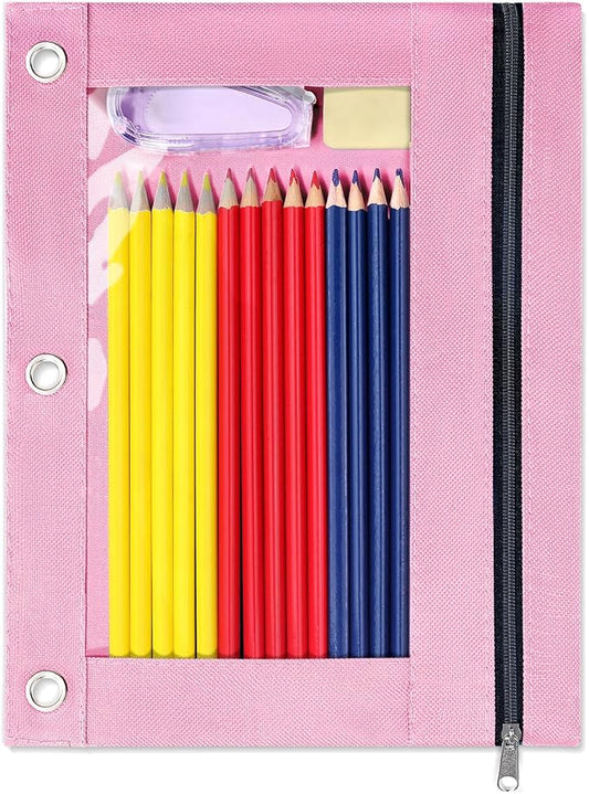 SUNEE Pencil Pouch for 3 Ring Binder, Zipper Pencil Pouch with Clear Window, 3 Reinforced Grommets, Binder Accessories for School and Office Supplies Storage, Pink