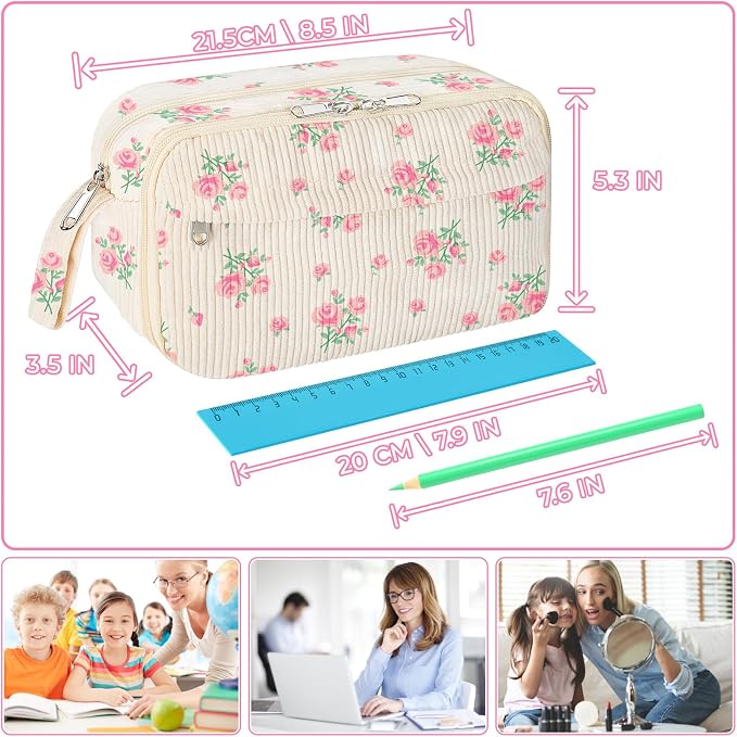 WOBAGMEN Cute Pencil Case,Large Corduroy Zippered Pencil Case Pouch, aesthetic Pencil Bag with Compartments, Pencil Pouch School Supplies (HY-corduroy pc-pink floral)
