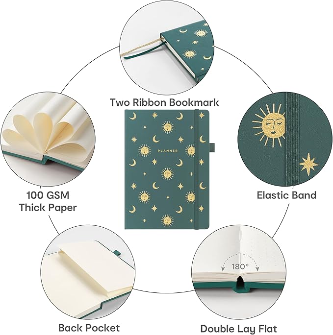 And Per Se Undated Academic Planner, Weekly & Monthly Planner with Goal & Habit Tracker, A5 Hardcover, Celestial Green