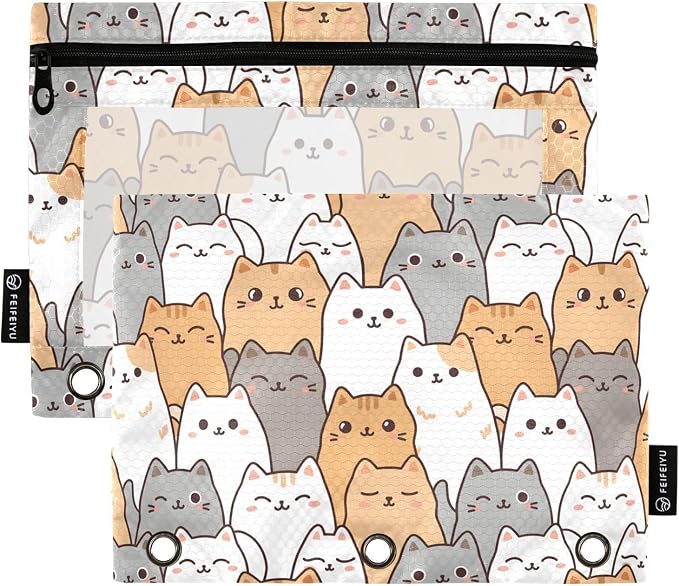 ALAZA Pencil Pouch for 3 Ring Binder, Cartoon Kitten Kitty Binder Pencil Pouches with Clear Window Zipper Pencil Case Cosmetic Bags for Office College Supplies, 2PCS