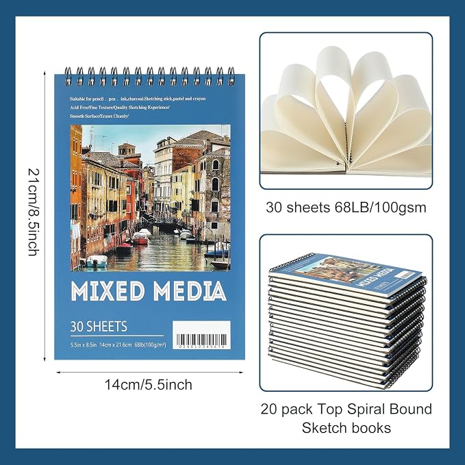 Jexine 40 Pcs 5.5'' x 8.5'' Top Spiral Bound Sketch Book 30 Sheet Each(68lb/100gsm), Sketching Drawing Pad Bulk Artist Sketch Pad Drawing Paper Art Sketchbook for Painting (Mixed Media)
