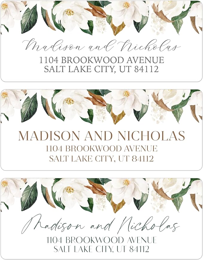 Return Address Labels Personalized with Your Choice of 30 Flower Styles - Choose Font and Font Color or Add Custom Text - Perfect for Wedding Envelopes (009 Magnolia)