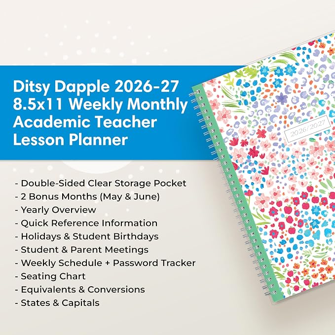 Blue Sky 2026-2027 Weekly & Monthly Academic Planner, 8.5"x11" Ditsy Dapple | July 2026 - June 2027, Clear Pocket Cover, Wirebound, Laminated Tabs, Storage Pocket, Academic Year