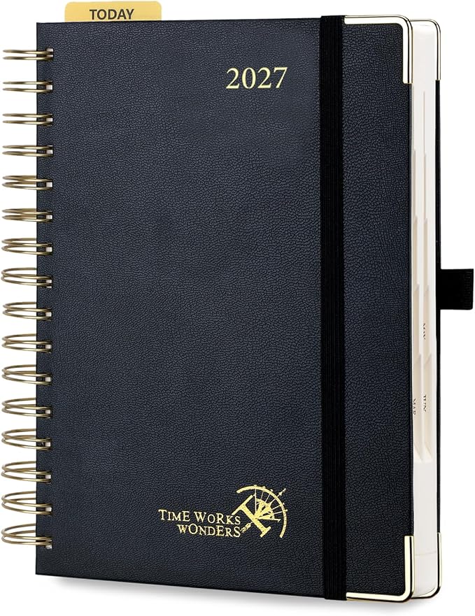 POPRUN 2027 Daily Planner One Page Per Day, 5.75" x 8.5", Calendar Book from Jan 2027 - Dec 2027, Hardcover Appointment Book with Hourly Time Slots, Spiral Bound, Monthly Tabs - Black