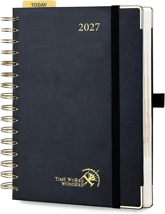 POPRUN 2027 Daily Planner One Page Per Day, 5.75" x 8.5", Calendar Book from Jan 2027 - Dec 2027, Hardcover Appointment Book with Hourly Time Slots, Spiral Bound, Monthly Tabs - Black